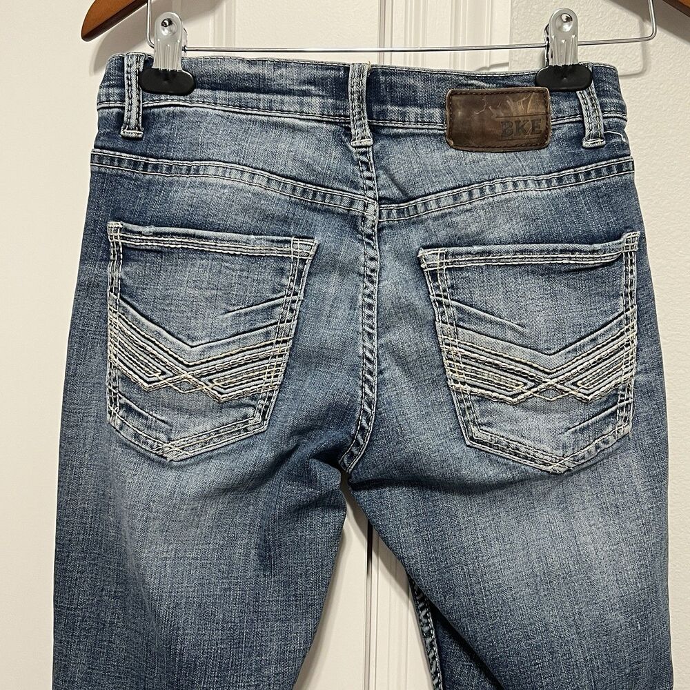 BKE Alec Jeans Men’s 29x29 Straight Leg Dark Blue Denim Thick Stitch Whiskered - Picture 4 of 11
